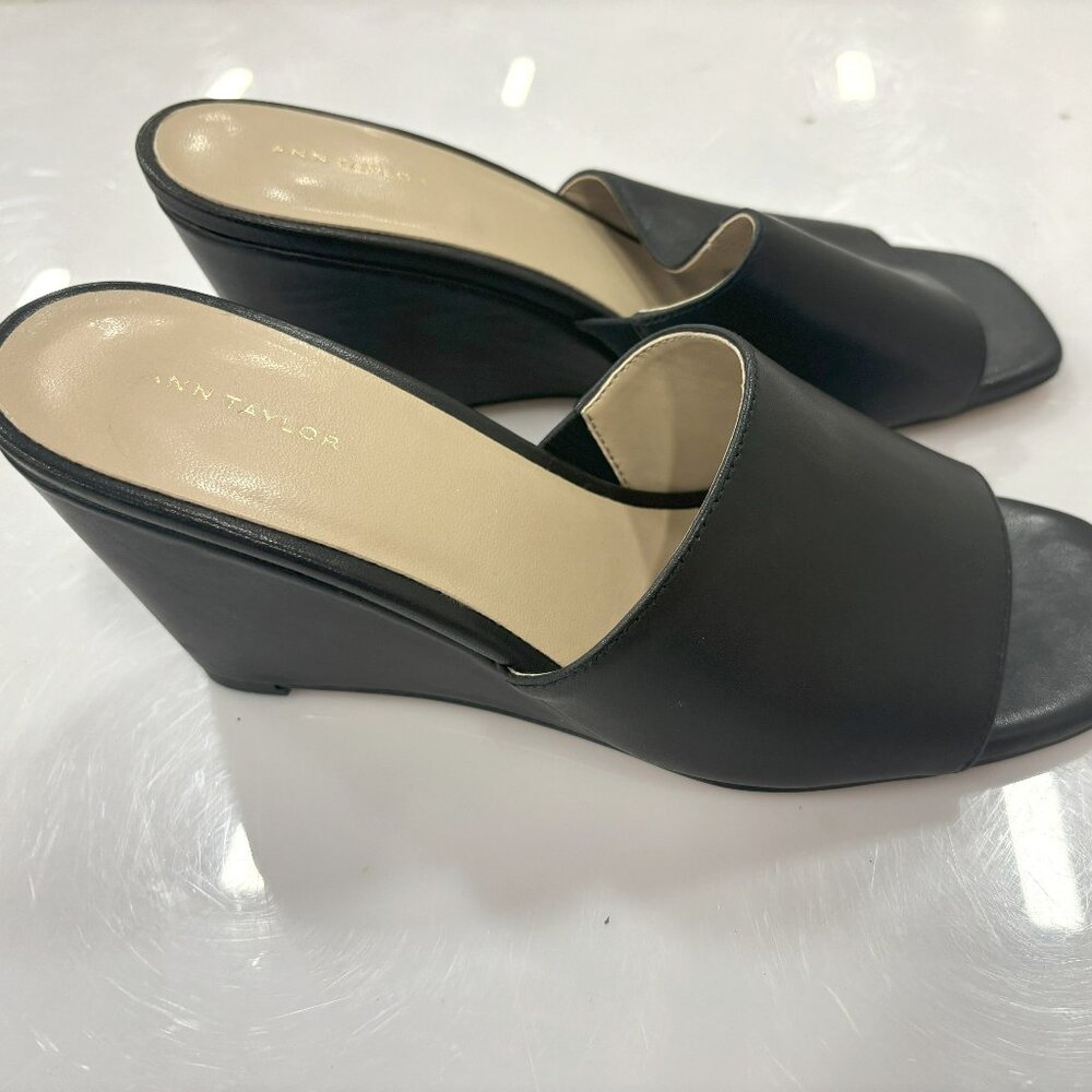 Ann Taylor - Black Leather Low Wedge Sandal